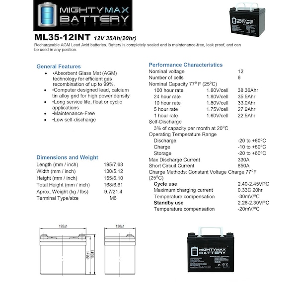 Mighty Max Battery 12V 35AH INT Replacement Battery for MK MU1SLDG - MAX3950388