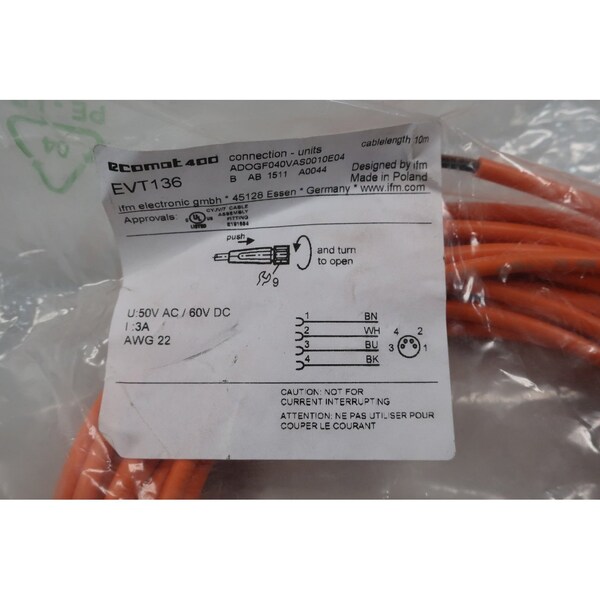 Ifm Evt136 Ecomot 400 Hembra 10M 50V-Ac Cable de Cordset - EVT136