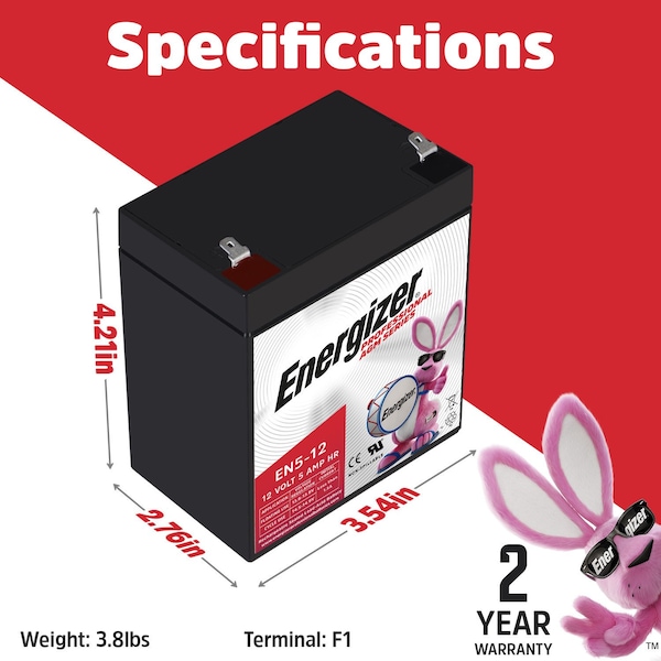 Energizer EN5-12, 12 Volt 5 Amp Hr, Long Lasting Sealed Lead Acid AGM Rechargeable Battery - EN4098459