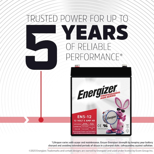 Energizer EN5-12, 12 Volt 5 Amp Hr, Long Lasting Sealed Lead Acid AGM Rechargeable Battery - EN4098459