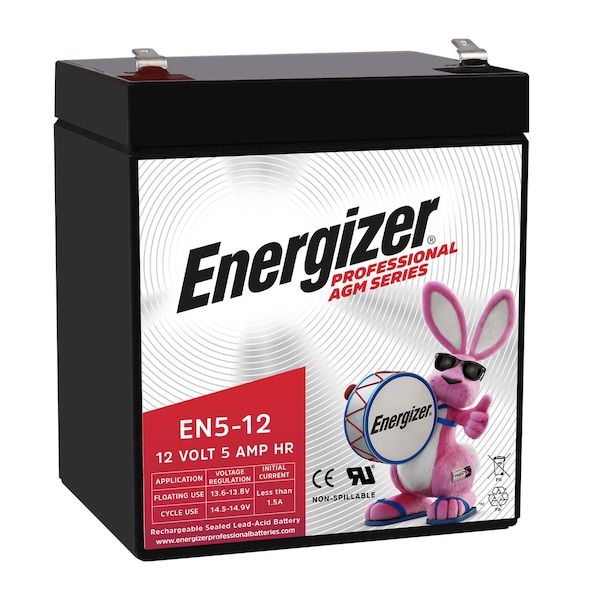 Energizer EN5-12, 12 Volt 5 Amp Hr, Long Lasting Sealed Lead Acid AGM Rechargeable Battery - EN4098459