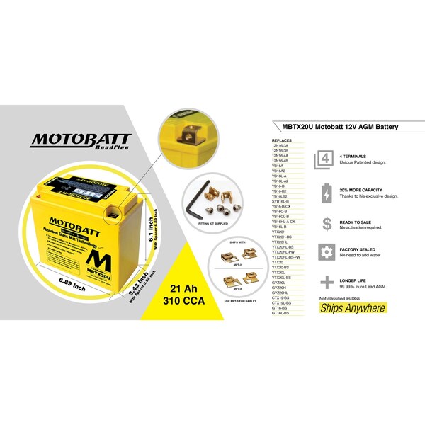 Motobatt 21Ah 310 CCA AGM Powersports Battery replaces YTX20L - MBTX20U