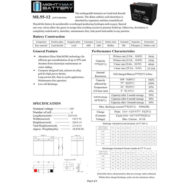 Mighty Max Battery 12V 55Ah SLA Replacement Battery compatible with Power Patrol SLA1165 - MAX3555271