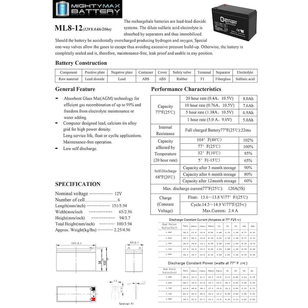 Mighty Max Battery 12V 8Ah SLA Replacement Battery for Chloride Power Active A3K0XHU - MAX3968405