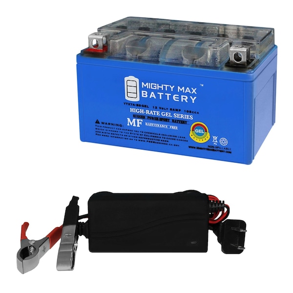 Mighty Max Battery YTX7A-BS GEL Replaces Motorcycle Powersports Scooter With 12V 1A Charger - MAX3832967