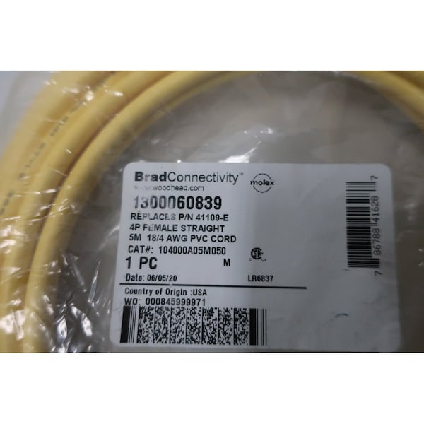 Cable de Cordón de Cable Brad Harrison 4P 18/4AWG HEMBRA RECTO 5M - 1300060839 104000A05M050