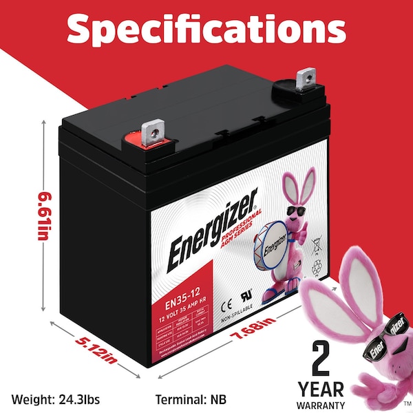Energizer EN35-12, 12 Volt 35 Amp Hr, Long Lasting Sealed Lead Acid AGM Rechargeable Battery - EN4098466