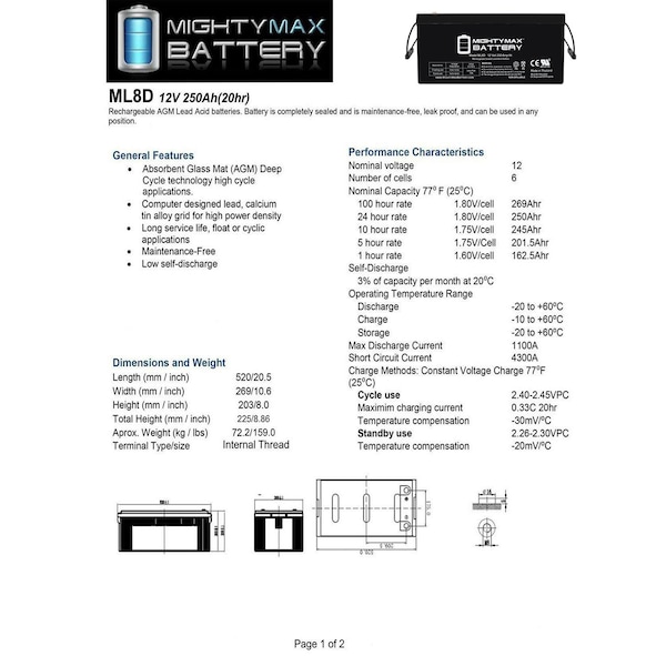 Mighty Max Battery 12V 250Ah Sealed Lead Acid Replacement Battery for 8A8DLTP-DEKA - MAX3488291