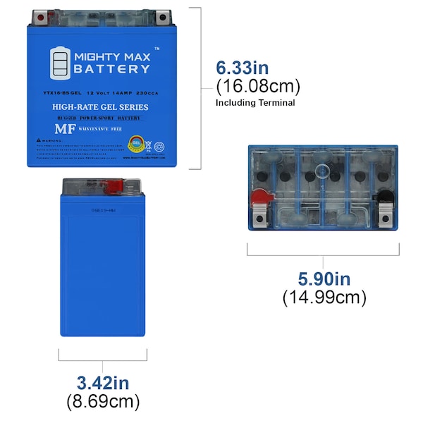 Mighty Max Battery YTX16-BS 12V 14AH GEL Battery for MOTO GUZZI Sport, ABS (2009) - YTX16-BSGEL27A