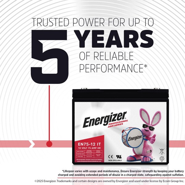 Energizer EN75-12IT, 12 Volt 75 Amp Hr, Long Lasting Sealed Lead Acid AGM Rechargeable Battery - EN4098470