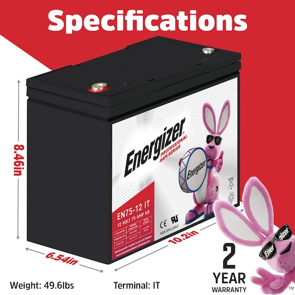 Energizer EN75-12IT, 12 Volt 75 Amp Hr, Long Lasting Sealed Lead Acid AGM Rechargeable Battery - EN4098470