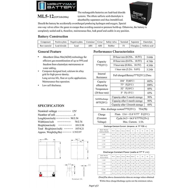 Mighty Max Battery 12V 5AH Battery Replaces Liftmaster 475LM Garage Door With 12V Charger - MAX3943190