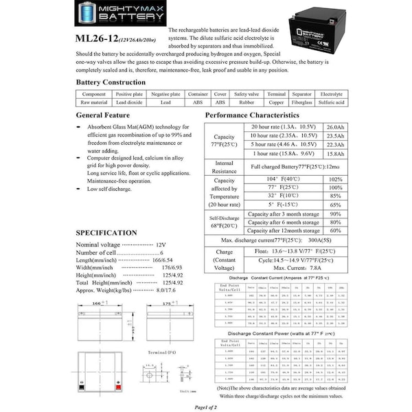 Mighty Max Battery 12V 26AH Replacement Battery for Eagle Picher CFM12V25 - 2PK - MAX3959543