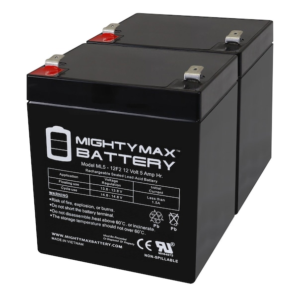 Mighty Max Battery 12V 5Ah F2 SLA Replacement Battery for CSB GP1245F2, GP 1245 F2 - 2PK - MAX3977710