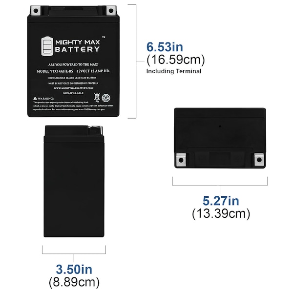 Mighty Max Battery YTX14AHL 12V 12Ah Battery Replacement for ETX15L, STX14AHL-BS - YTX14AHL182