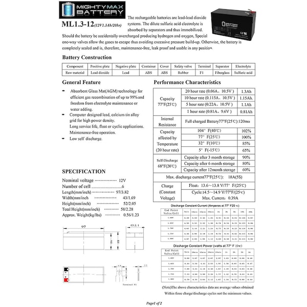Mighty Max Battery 12V 1.3Ah Replacement Battery for Bpower BPE 1.3-12 - MAX3960960