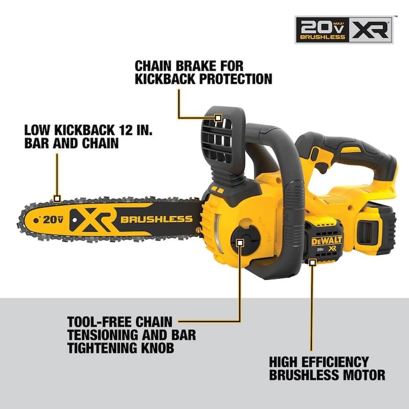 Kit de motosierra inalámbrica sin escobillas DEWALT 20V MAX de 12 pulgadas con (1) batería de 5 Ah y cargador - DCCS620P1