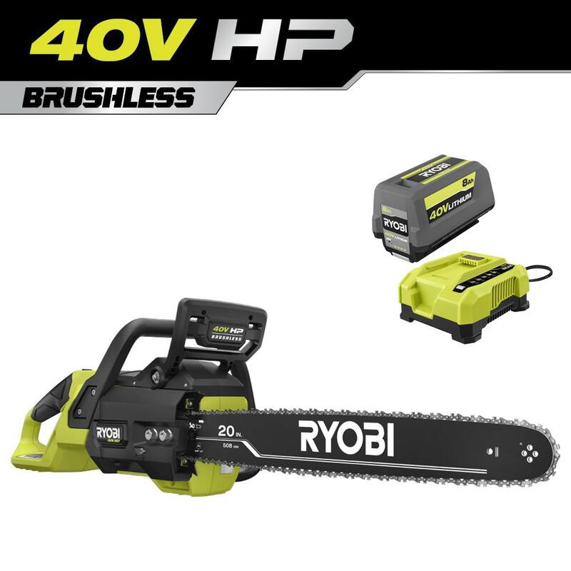 Motosierra con batería RYOBI 40V HP Brushless de 20 in. con batería de 8.0 Ah y cargador rápido - RY405110