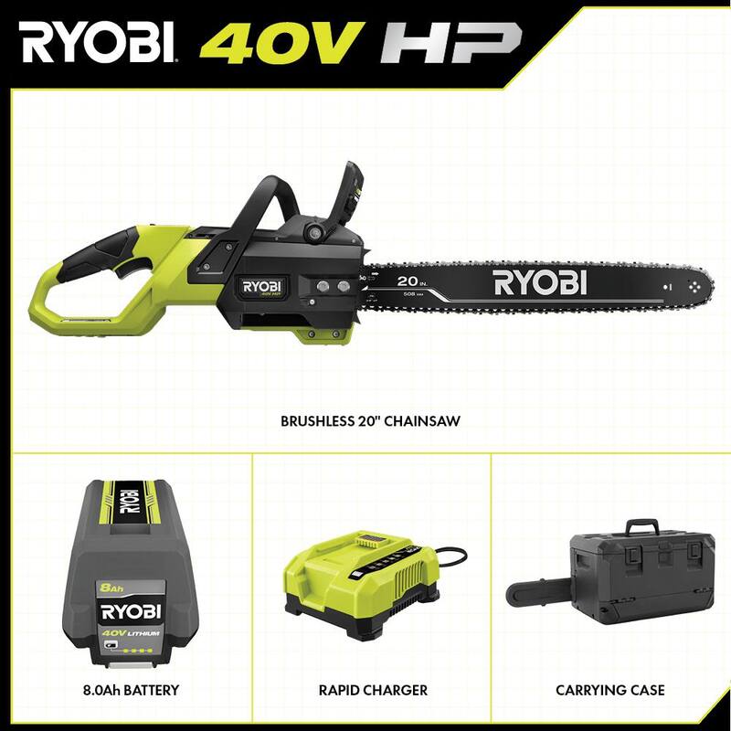Motosierra con batería RYOBI 40V HP Brushless de 20 in. con batería de 8.0 Ah y cargador rápido - RY405110