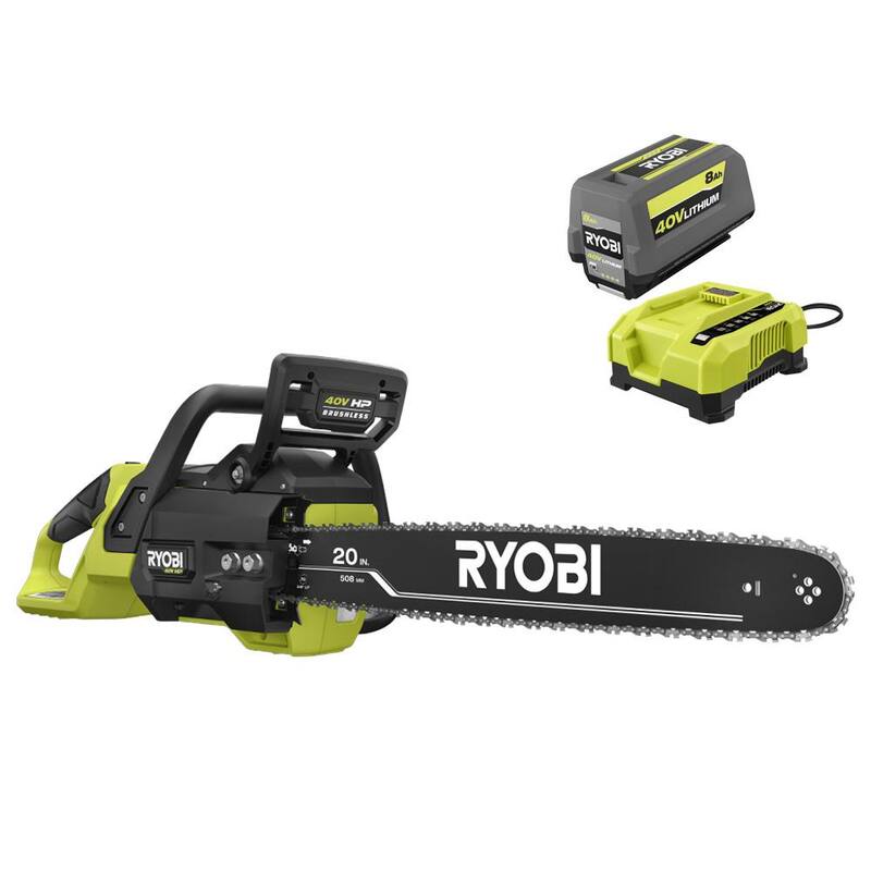 Motosierra con batería RYOBI 40V HP Brushless de 20 in. con batería de 8.0 Ah y cargador rápido - RY405110