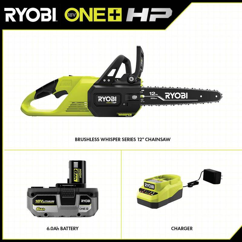 RYOBI ONE+ HP 18V Brushless Whisper Series 12 in. Battery Chainsaw con Batería de 6.0 Ah y Cargador - P2570