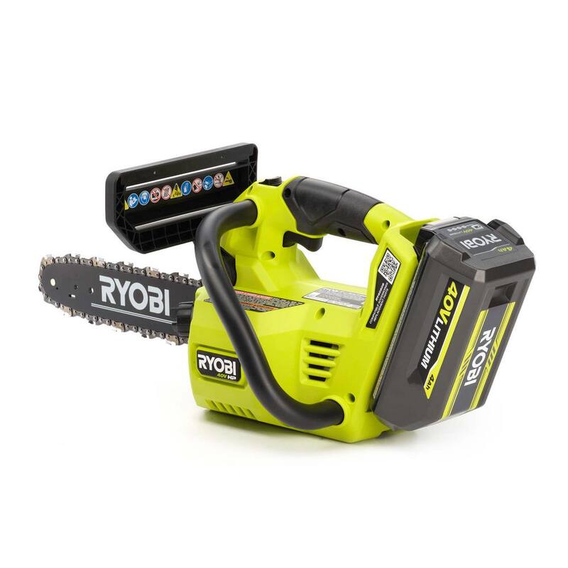 Motosierra a batería con motor sin escobillas de 40V HP y empuñadura superior de 12 pulgadas con batería de 4.0 Ah y cargador - RY40590