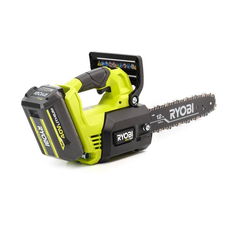 Motosierra a batería con motor sin escobillas de 40V HP y empuñadura superior de 12 pulgadas con batería de 4.0 Ah y cargador - RY40590