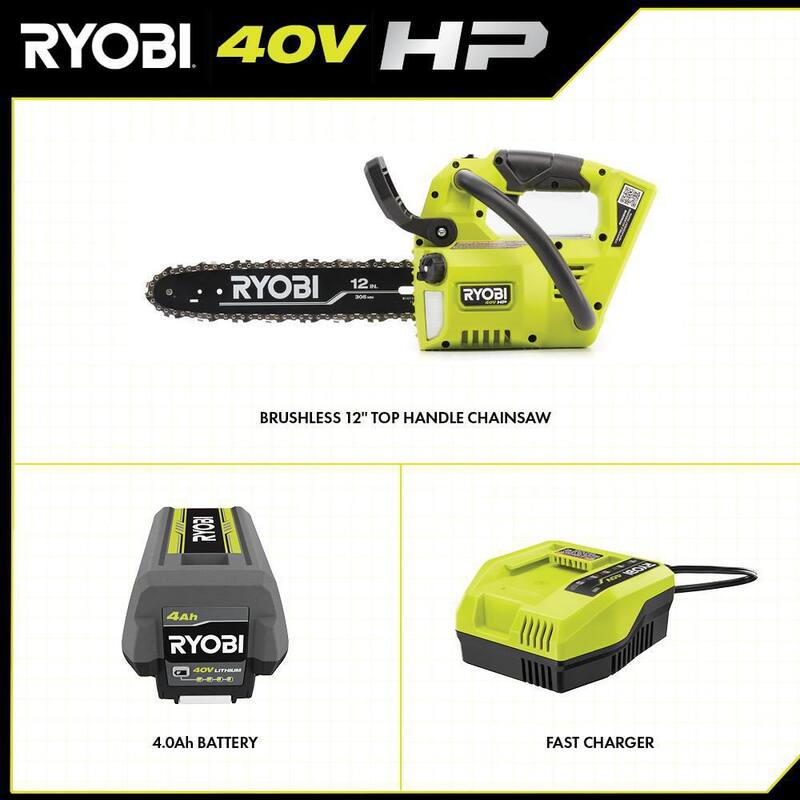 Motosierra a batería con motor sin escobillas de 40V HP y empuñadura superior de 12 pulgadas con batería de 4.0 Ah y cargador - RY40590