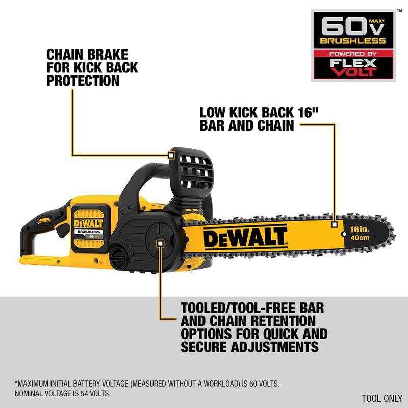Kit de motosierra inalámbrica DEWALT FLEXVOLT 60V MAX de 16 pulgadas sin escobillas con batería y cargador (1 batería FLEXVOLT 2 Ah) - DCCS670T1