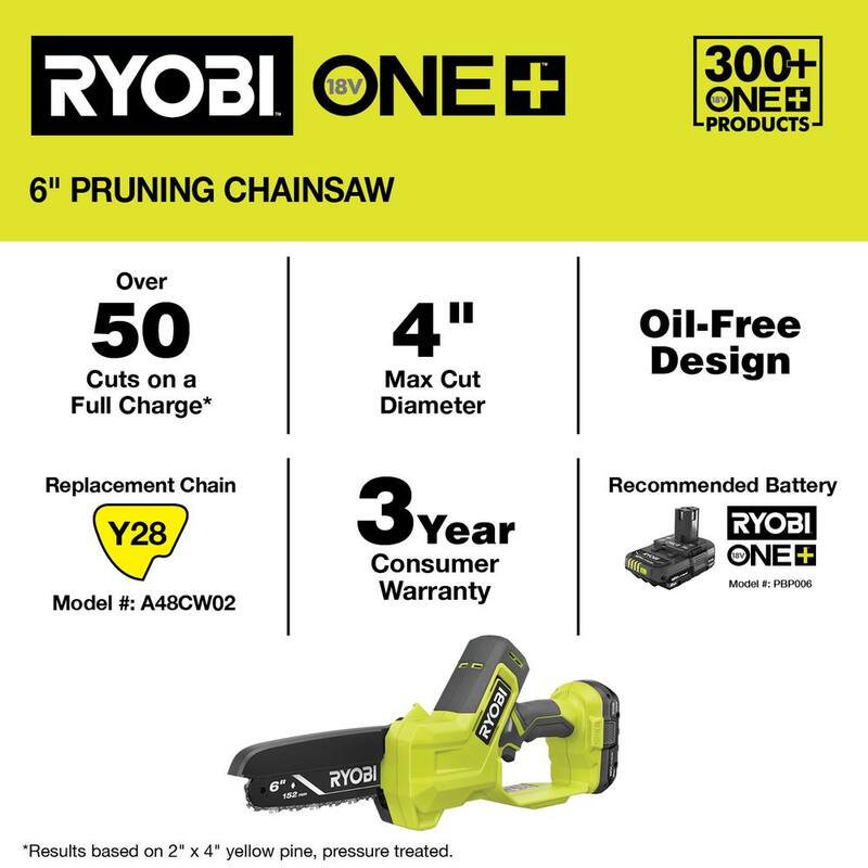RYOBI ONE+ 18V 6 pulgadas. Sierra de poda compacta inalámbrica con batería (herramienta solamente) - PCLCW01B