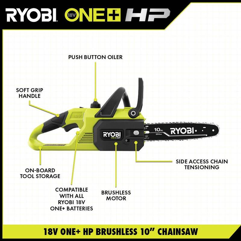 RYOBI ONE+ HP 18V Brushless 10 in. Sierra de Cadena a Batería con Batería de 4.0 Ah y Cargador - P2520