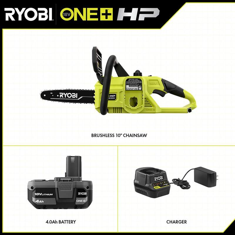 RYOBI ONE+ HP 18V Brushless 10 in. Sierra de Cadena a Batería con Batería de 4.0 Ah y Cargador - P2520