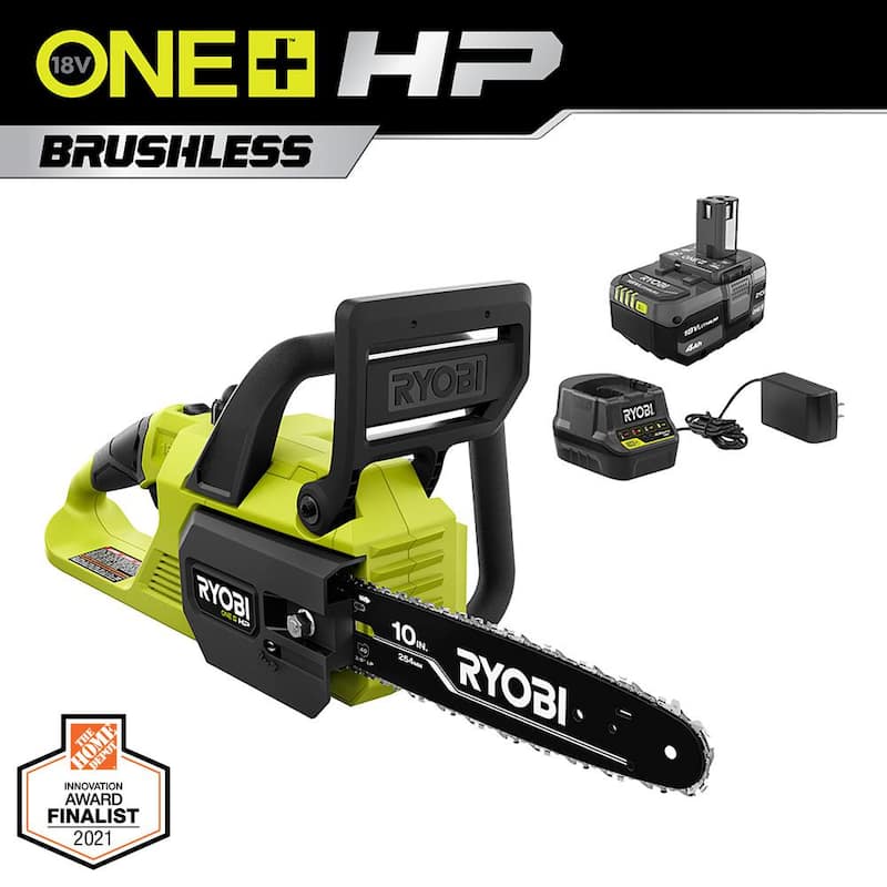 RYOBI ONE+ HP 18V Brushless 10 in. Sierra de Cadena a Batería con Batería de 4.0 Ah y Cargador - P2520