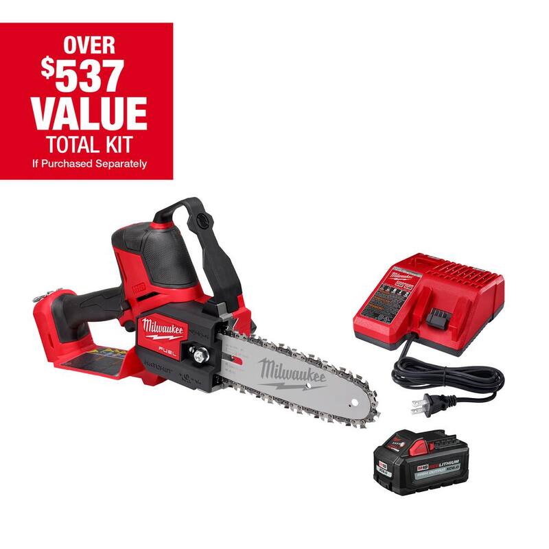 Herramienta de poda Milwaukee M18 FUEL de 8 pulgadas con batería de 18V de ion de litio sin escobillas, kit con sierra de poda tipo hacha, batería de alta capacidad de 6Ah y cargador - 3004-21P