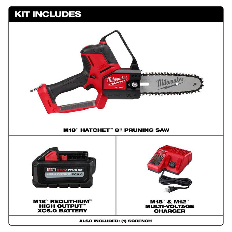 Herramienta de poda Milwaukee M18 FUEL de 8 pulgadas con batería de 18V de ion de litio sin escobillas, kit con sierra de poda tipo hacha, batería de alta capacidad de 6Ah y cargador - 3004-21P