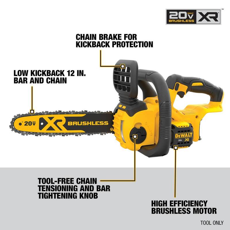 Sierra de cadena a batería sin escobillas DEWALT 20V MAX de 12 pulgadas (Herramienta solamente) - DCCS620B