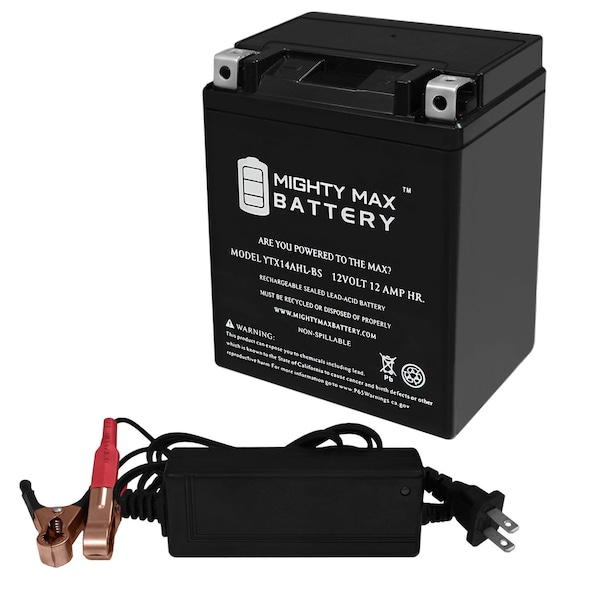 Mighty Max Battery YTX14AHL Replacement Battery for Arctic Cat 500 EXT Special 91-92 With 12V 2Amp Charger - MAX3949161