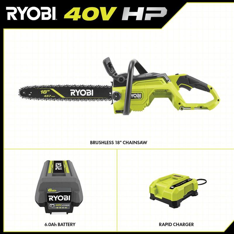 RYOBI 40V HP Brushless 18 in. Kit de sierra de cadena a batería sin cable - Batería de 6.0 Ah y cargador rápido incluidos - RY40HPCW01K