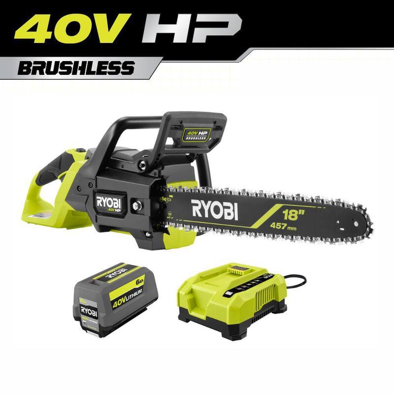 RYOBI 40V HP Brushless 18 in. Kit de sierra de cadena a batería sin cable - Batería de 6.0 Ah y cargador rápido incluidos - RY40HPCW01K