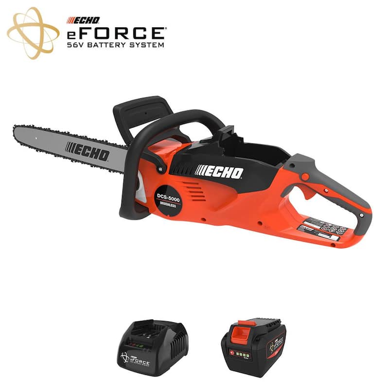 ECHO eFORCE 18 in. 56V Sierra eléctrica inalámbrica con batería sin escobillas, mango trasero y kit de sierra con batería de 5.0Ah y cargador - DCS-5000-18C2