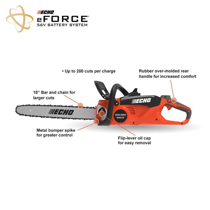 ECHO eFORCE 18 in. 56V Sierra eléctrica inalámbrica con batería sin escobillas, mango trasero y kit de sierra con batería de 5.0Ah y cargador - DCS-5000-18C2