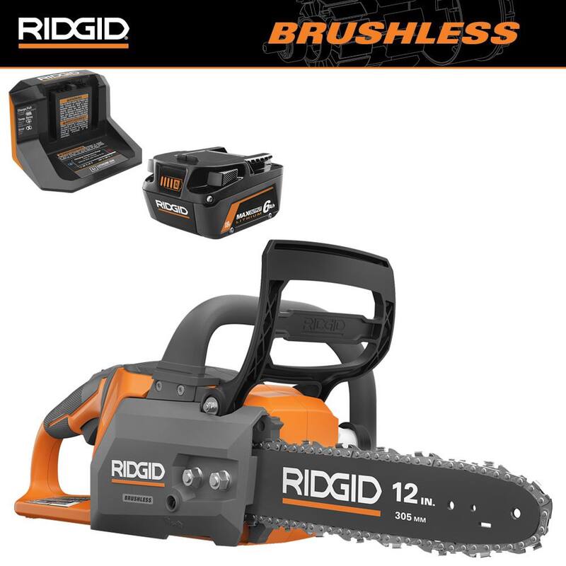 Motosierra eléctrica con batería de litio de 18V sin escobillas de 12 pulgadas RIDGID con batería de salida máxima de 6.0 Ah y cargador - R01101K