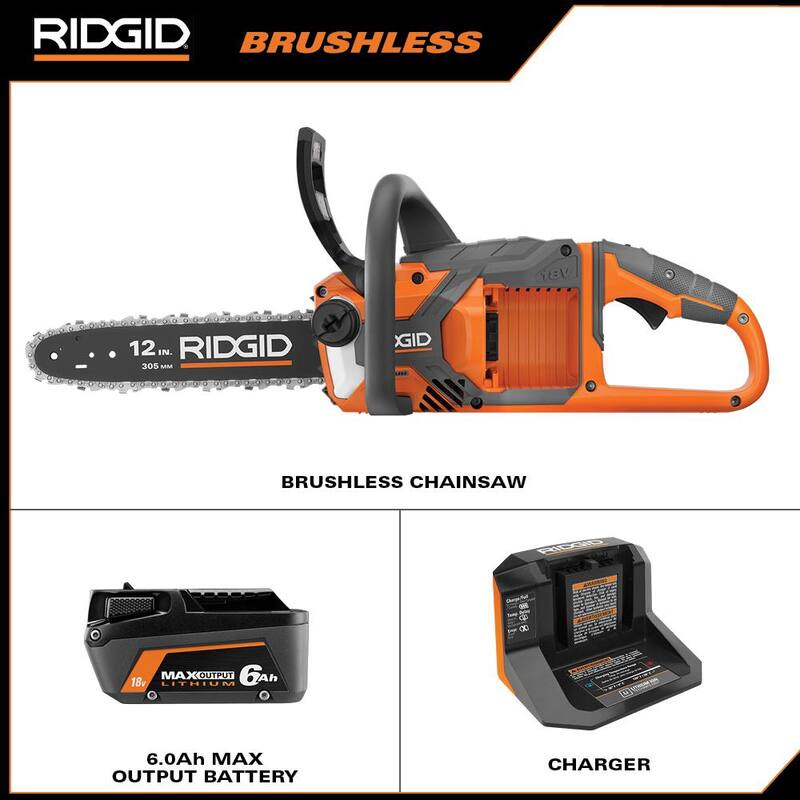 Motosierra eléctrica con batería de litio de 18V sin escobillas de 12 pulgadas RIDGID con batería de salida máxima de 6.0 Ah y cargador - R01101K