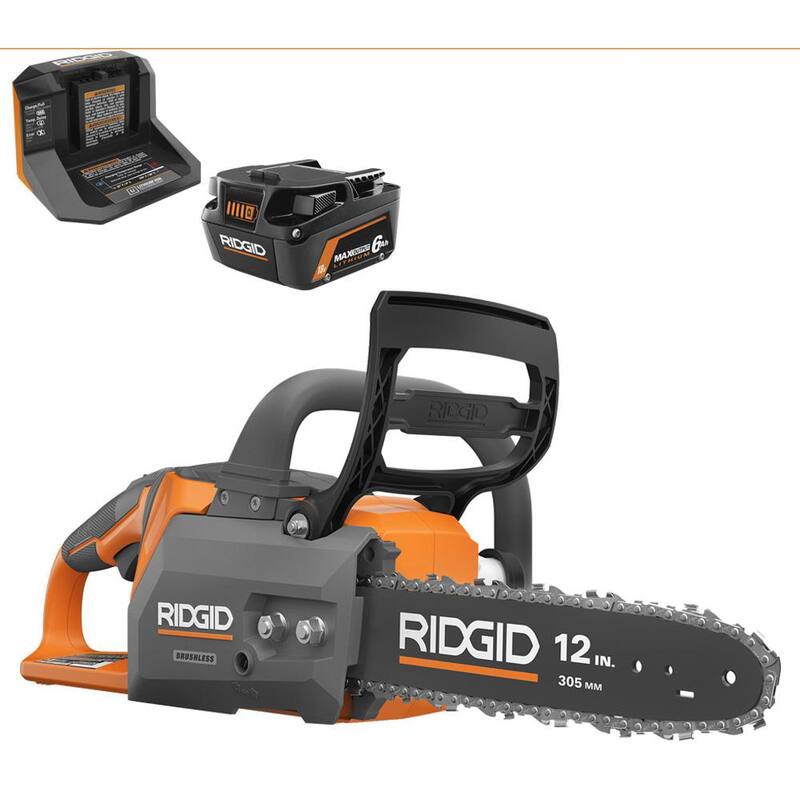 Motosierra eléctrica con batería de litio de 18V sin escobillas de 12 pulgadas RIDGID con batería de salida máxima de 6.0 Ah y cargador - R01101K