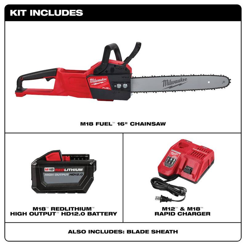 Kit de motosierra a batería Milwaukee M18 FUEL de 16 pulgadas con batería de 18V y motor sin escobillas, incluye batería de 12.0 Ah y cargador rápido M18 - 2727-21HD