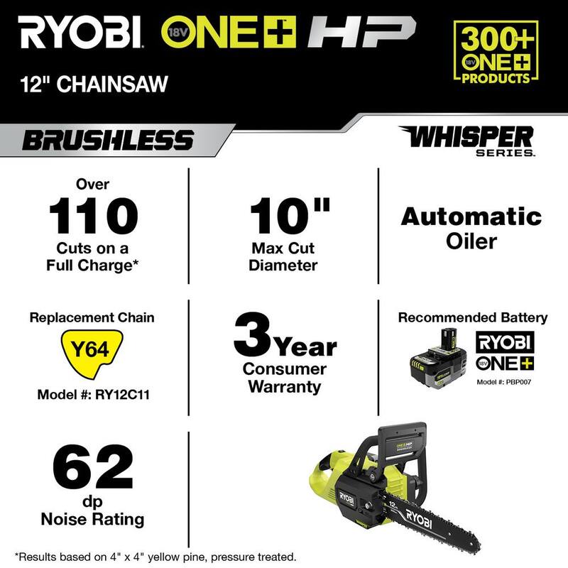 RYOBI ONE+ HP 18V Brushless Whisper Series 12 in. Sierra de Cadena a Batería (Herramienta Únicamente) - P2507BTL
