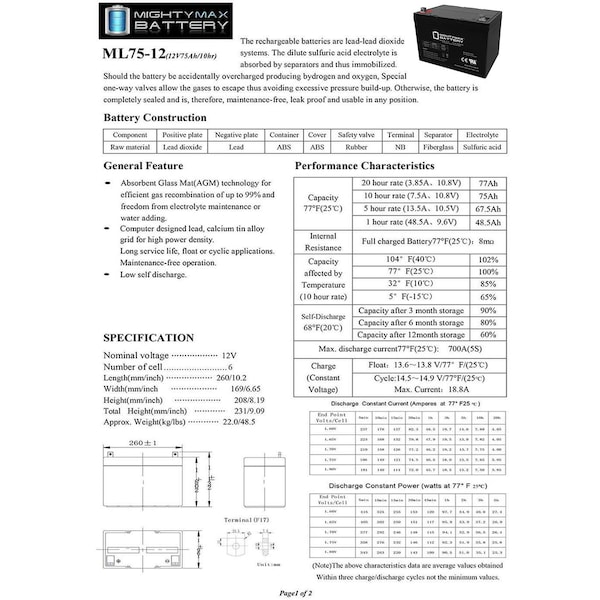 Mighty Max Battery 12V 75Ah SLA Battery Replacement for Pride Jazzy 1420 - MAX3938549