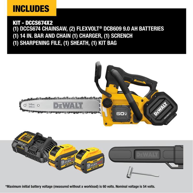DEWALT FLEXVOLT 60V MAX 14 pulgadas. Sierra de cadena inalámbrica con mango superior con batería recargable y kit de (2) baterías FLEXVOLT 3 Ah y cargador - DCCS674X2
