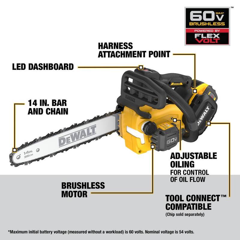 DEWALT FLEXVOLT 60V MAX 14 pulgadas. Sierra de cadena inalámbrica con mango superior con batería recargable y kit de (2) baterías FLEXVOLT 3 Ah y cargador - DCCS674X2