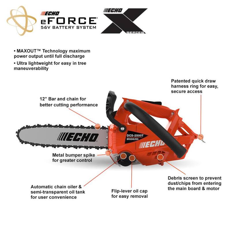 ECHO eFORCE 12 in. 56V X Series Motosierra Inalámbrica con Mango Superior, Batería de 2.5Ah y Cargador - DCS-2500T-12C1